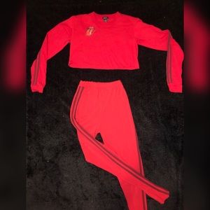 Red long sleeve crop top with matching tights